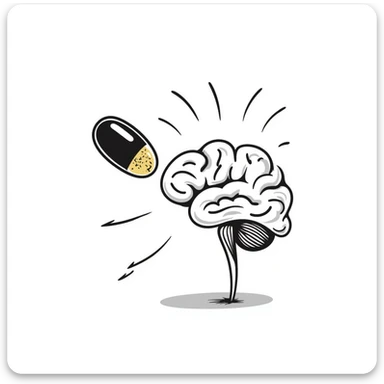 A magical amber capsule floating in front of a brain with fog lifting, showing electrical connections brightening one by one, creating clarity and focus. The brain becomes sharper and more defined. sticker