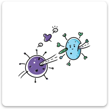 Antimicrobial action diagram: purple bacteria with detailed cell structure being attacked by blue shield-shaped antimicrobial molecules. Green arrows showing points of attack on cell wall and membrane. Hand-drawn scientific illustration with color-coded components. sticker