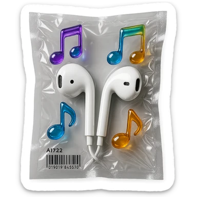 pair of white EarPods with exactly three floating multicolored glassy music notes, shiny and inflated sticker