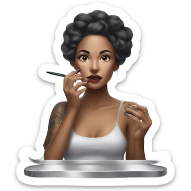 Hyper Realistic Beautiful lightly tattooed woman applying make-up in a mirror  sticker