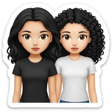 2 pretty bratz fair girls. One has straight black hair and is tan, wearing a white tshirt. One is fair with curly black hair, wearing a black tshirt  sticker