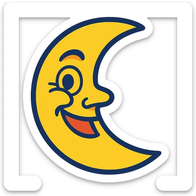 crescent moon with a winking face, bold colors, expressive sticker