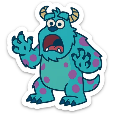James P. Sullivan Sulley from Monsters Inc, surprised expression, mouth open, blue fur, purple spots, cartoon sticker