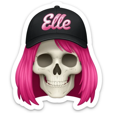 A skullhead thats wearing a black baseball cap with the words "Elle" in pink and white with long pink hair sticker