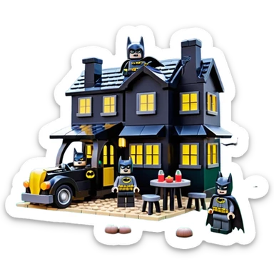  Ultra cute Lego Haunted Batman and Catwoman dream house Caravan with picnic table and folding chairs at night  sticker