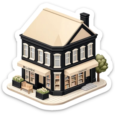 Isometric exterior little black, beige, and white bookstore dollhouse style 3D realistic  sticker