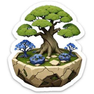 Alien landscape mudman very old broken cracked intricate Stone Age rocky-crusted dodecahedron-shaped shallow dark moss rough bark blue willow flowered maple tree bonsai pot sticker