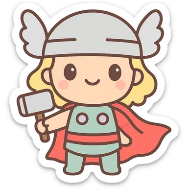 Thor, chibi style, cute and small, with red cape and hammer sticker