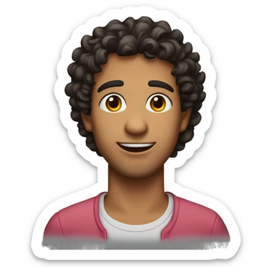 Latino guy, soft brown eyes, dark curly hair, surprised face  , smirking with a rosy cheeks sticker
