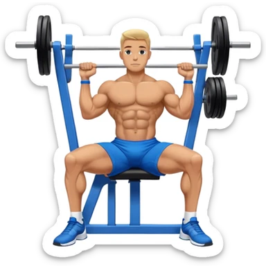 side-view bodybuilder in blue shorts seated weighted calf-raise machine on his tip toes sticker