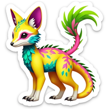 Rare realistic exotic edgy epic cute neon colorful tropical lush vibrant pretty beautiful handsome gorgeous aesthetic colorful vibrant Vernid-Trico-species-Fakemon-creature by LiLaiRa, 4 legs, 1 tail, random markings, (full body) sticker