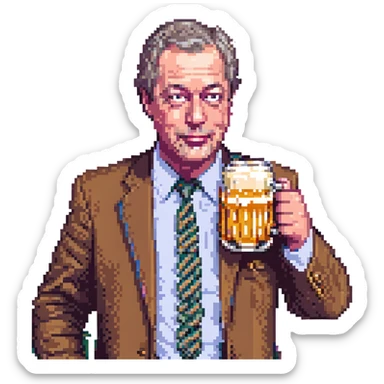 Nigel Farage sipping a pint of lager, pixel art style sticker