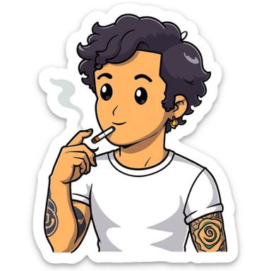 Italian man with tanned skin, curly black hair in short bob style, stubble, olive eyes, gold earring in left ear, white t-shirt, black tattoo on forearm, smoking cigarette sticker