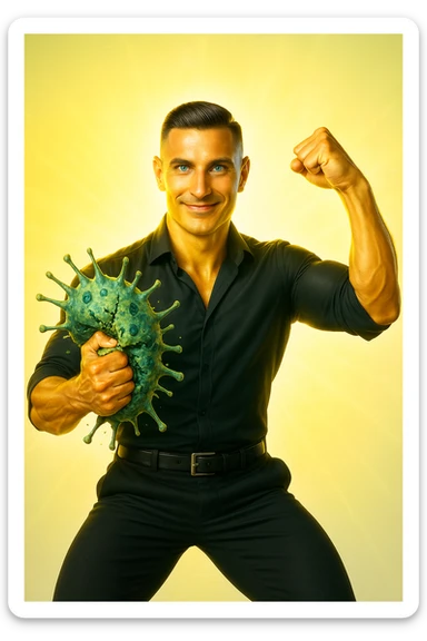 Un uomo atletico (30-40 anni) dalla pelle perfettamente liscia, senza cicatrici o imperfezioni, che emana un leggero bagliore dorato (metafora degli anticorpi).
Occhi brillanti con riflessi blu-verdi (simbolo di salute estrema).
Postura eroica, con un braccio sollevato in un gesto di forza, mentre con l'altro tiene un batterio gigante schiacciato come se fosse un mostro sconfitto. sticker