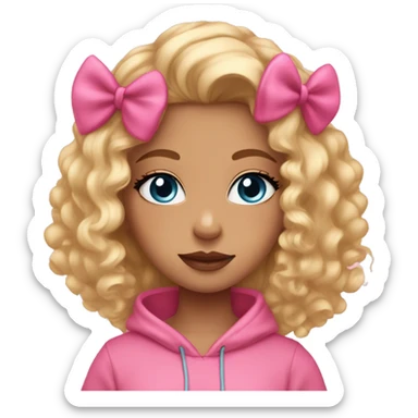Cute girl with blonde curly hair with a pink bow in her hair and a pink hoodie, blue eyes lip gloss on and long lashes sticker