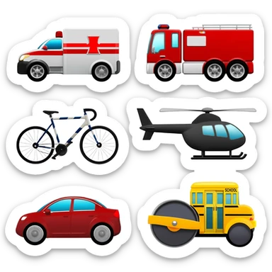 🚂 Train  🚑 Ambulance  🚒 Fire Truck  🚲 Bicycle  🚓 Police Car  🚁 Helicopter  🚌 School Bus  🚗 Car  🛵 Scooter  🚜 Road Roller icons  banavi dee sticker