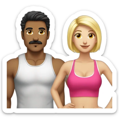 Blonde girl going to the gym with a black haired guy with a moustache  sticker
