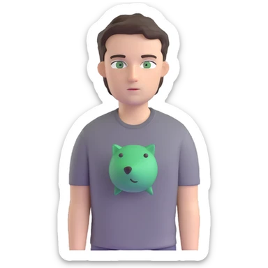 white man with dark messy short hair, dark green eyes, wearing a gray t-shirt sticker