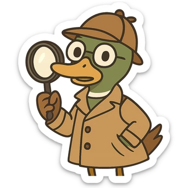 Make this mallard duck detective match the style and outfit of the first image: cute, cartoon, wearing a trench coat and detective hat, holding a magnifying glass, with no background. sticker