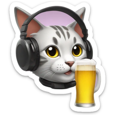 a cat who drinks beer is wearing a gaming headset sticker