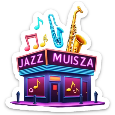 jazz nightclub with neon sign and musical notes on dark background sticker
