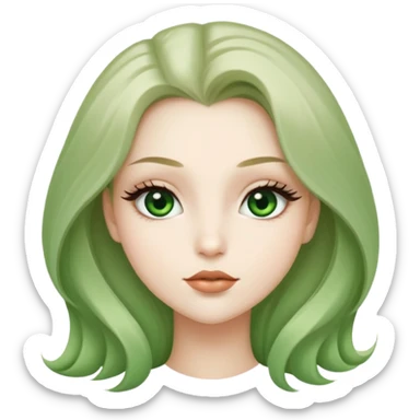 A girl with bright white eyes, green lips, and long, prominent eyelashes. Her hair is very light brown, long, and silky. Her features are soft and delicate.  sticker