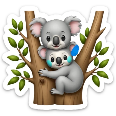 Black and white only; Koala and tree character hugging each other, add a face to the tree sticker