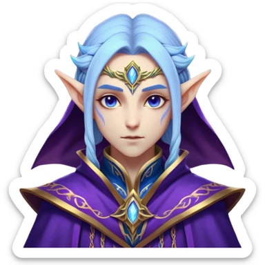 Cinematic Realistic WoW Elf Mage Portrait, head tilted epicly and inquisitively, showcasing a commanding presence and graceful arcane power. Her luminous, porcelain-like skin and delicate features, framed by an intricately detailed robe in deep blues and purples with golden accents, are rendered with lifelike clarity and dramatic, mystical lighting, high shine, epic and awe-inspiring, embodying the timeless magic of an elven mage poised to reshape destiny. sticker