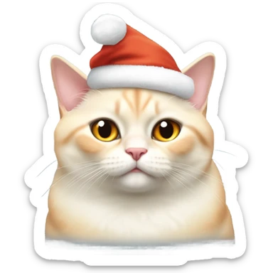 chubby fat, flame point Siamese, short fur, with white fur with orange accents, and blue eyes, smiling, wearing a red santa hat  sticker