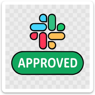 Slack emoji with the word 'Approved' in a rounded, friendly font, white text on a green background, high contrast for readability sticker
