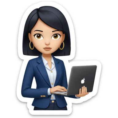 a pretty bratz girl with straight black short hair wearing a dark blue blazer and carrying a laptop. gold small hoops sticker