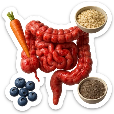 intestino umano anatomico infiammato al centro con carota, bowl di avena, mirtilli, bowl di semi di chia che gli fluttuano intorno , iperrealistico 4k sticker