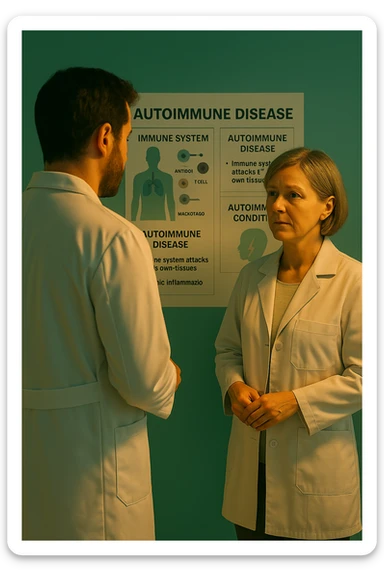 Realistic, detailed photo taken from behind of one doctor e un paziente —a bearded man and a middle-aged woman—standing and facing each other as they discuss an autoimmune disease diagnosis in front of a medical chart that displays information about the immune system and autoimmune conditions. The scene is illuminated by a yellowish, orange, warm light that softly envelops the doctors. The entire room is bathed in a single green-blue color, creating a cohesive and modern atmosphere. Both doctors wear white coats, and their body language suggests a serious, professional conversation about the complexities of autoimmune diseases. Shot with a Canon EOS R5, with high detail and natural depth of field. scritto in italiano sticker