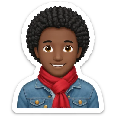 black skin man, curly black hair wear red scraft, jean jacket sticker