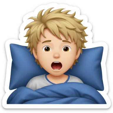 emoji- of a cute boy waking up in bed. He is yawning or rubbing his eyes.  sticker