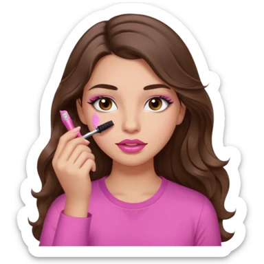 girl with long wavy brown hair, brown eyes, light to medium complexion, in a pink shirt, pink lips, long lashes, puckered lips, putting on mascara sticker
