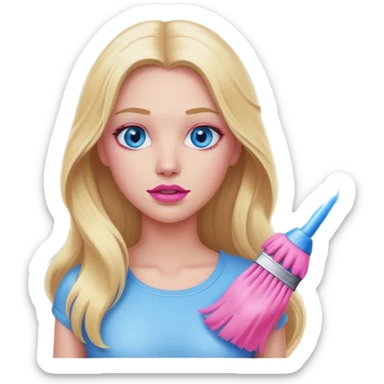 A cinematic realistic blonde with long hair, blue eyes and pink lips cleans a room sticker
