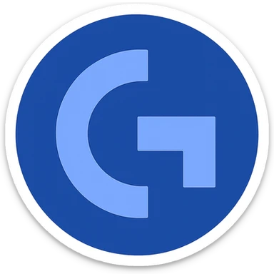 Reimagine the Logitech G Hub logo in a minimalistic, flat blue style consistent with previous icons in this style. Replace the black circle with a blue circle, and use blue shades for the 'G' symbol. Keep the design clean and simple, with a fully transparent background, minimal use of other colors, prioritizing clarity and recognizability. sticker