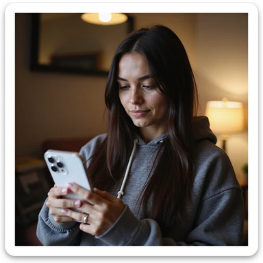 realistic PNG image of a woman with long straight dark brown-black hair holding an iPhone recording a TikTok video wearing a hoodie looking at the phone screen in a cozy indoor space transparent background sticker