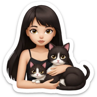 generate a pretty bratz girl in black cami top, dark brown straight long hair with bangs, eyeliner on, cuddling a cat sticker