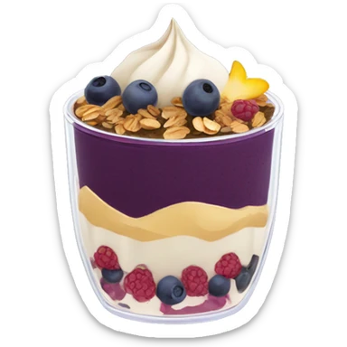 Açaí in a clear cup with layers of fruits and granola and condensed milk sticker
