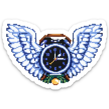 pixel art of a clock with wings, time flying concept sticker