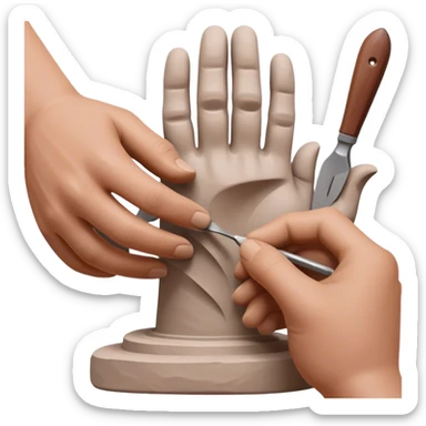Sculpting icon, hands shaping clay, sculpting tools, unfinished sculpture, textured surface, minimalistic style, clean lines, transparent background. sticker