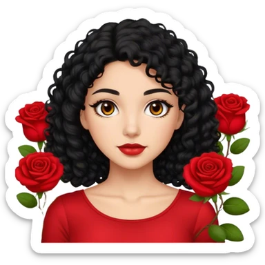 Olive Brown eyes black curly hair red roses backround red top  sticker