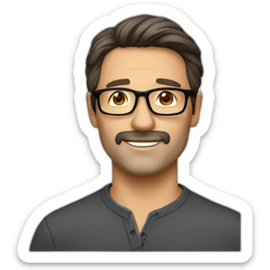 Handsome 50 year old man with dark brown hair, stubble and brown glasses. No moustache sticker