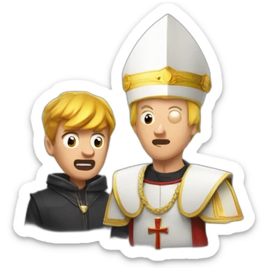 Geoff Keighley arguing with Angry Joe while wearing pope hat that is also a Dorito at the game awards sticker