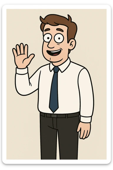 A man sky brown hair Marine Blue Colours Satin Tie White Whistler Classic Oxford Shirt black Apollo Flat Front Trouser hand to say hello sticker