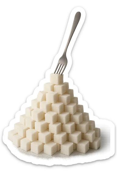 monagna di zollette di zucchero con una forchetta appizzata sopra, iperrealistico 4k sticker