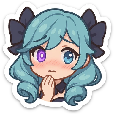 Gwen from League of Legends, shy emote, chibi style, only head, right eye glowing purple sticker