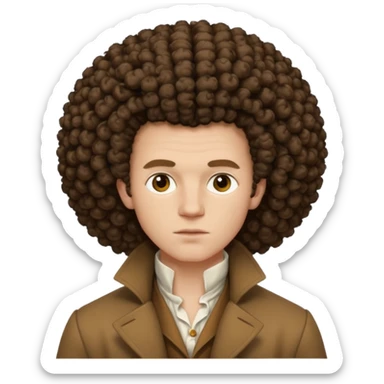pale man, 1700s, white shirt brown coat, big afro curly hair, not too animated, no jewelry sticker